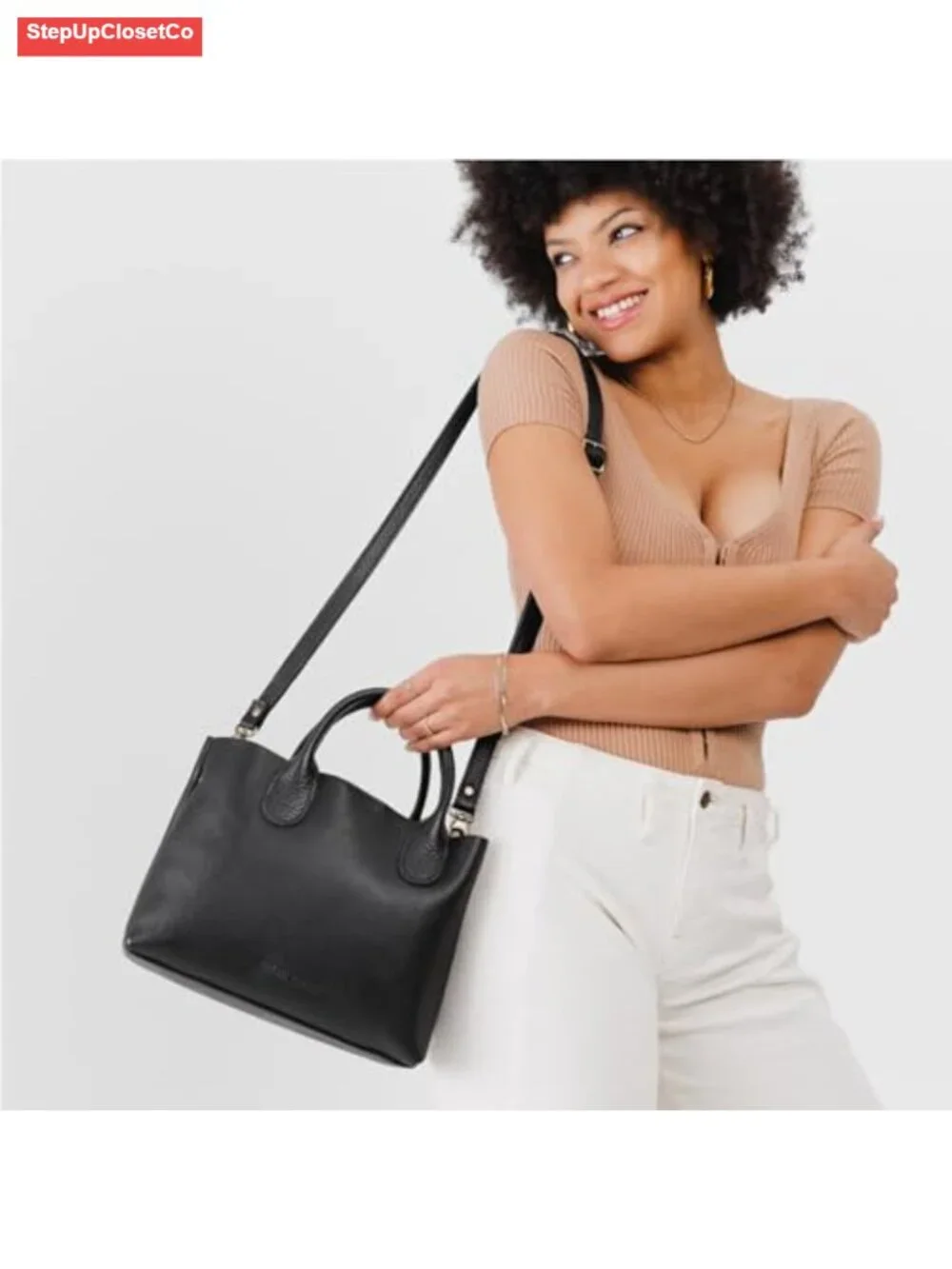 Full Grain Leather Crossbody Bag with Handles Adjustable Strap